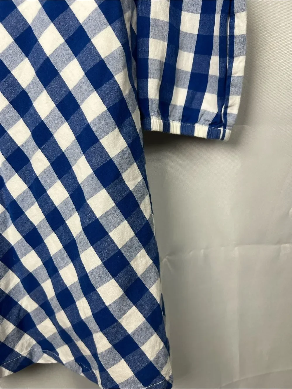 Polarn O. Pyret blue and white check long sleeve cotton dress cross stitching